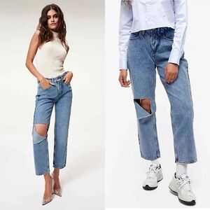 NWT GOOD AMERICAN 90s High Waist Distressed Denim Ripped Knee Ankle Crop Jean 28